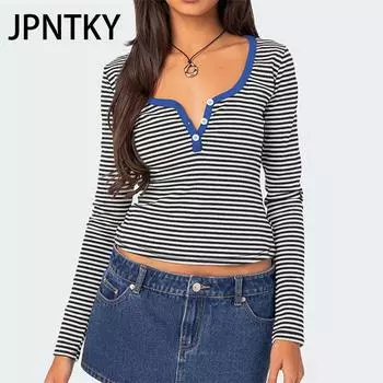 JPNTKY Женская мода повседневная осень-зима полосатый принт длинный рукав V-образный вырез блузки и рубашки S