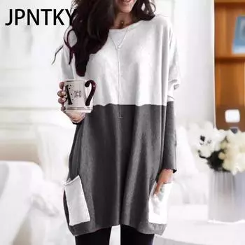JPNTKY Женская мода повседневная осень-зима с длинным рукавом и круглым вырезом блузки и рубашки S серый/белый