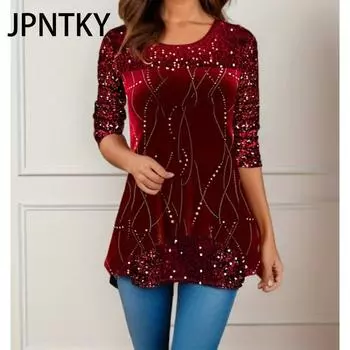 JPNTKY Женская мода повседневная осень-зима с длинным рукавом и круглым вырезом блузки и рубашки S фиолетовый