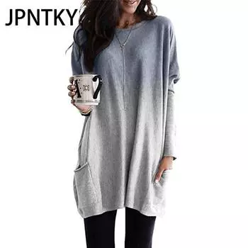 JPNTKY Женская мода повседневная осень-зима с длинным рукавом и круглым вырезом блузки и рубашки S синий