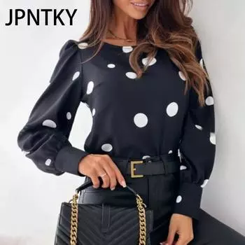 JPNTKY Женская мода повседневная осень-зима с принтом в горошек, с длинным рукавом и круглым вырезом, блузки и рубашки S чёрный