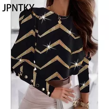 JPNTKY Женская мода повседневная осень-зима с длинным рукавом и круглым вырезом блузки и рубашки S чёрный