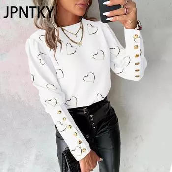 JPNTKY Женская мода повседневная осень-зима с принтом любовных писем, блузки и рубашки с длинным рукавом и круглым вырезом S чёрный