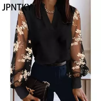 JPNTKY Женская мода Повседневная весна-осень Длинные рукава V-образный вырез Блузки и рубашки S