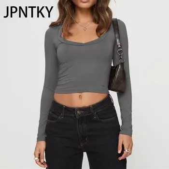 JPNTKY Женская мода повседневная весна осень однотонные принты длинные рукава U-образный вырез блузки и рубашки S