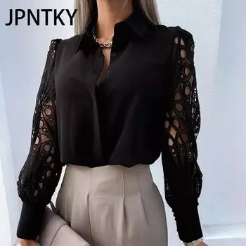 JPNTKY Женская мода Повседневная весна-осень Однотонный принт Длинные рукава Поло-воротник Блузки и рубашки S белый