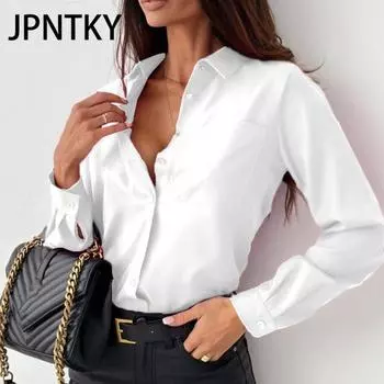 JPNTKY Женская мода Повседневная весна-осень Однотонный принт Длинные рукава Поло-воротник Блузки и рубашки S чёрный