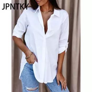 JPNTKY Женская мода Повседневная весна-осень Однотонный принт Длинные рукава Поло-воротник Блузки и рубашки S белый