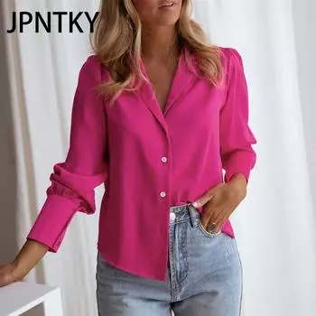 JPNTKY Женская мода повседневная весна-осень однотонный принт короткий рукав воротник поло блузки и рубашки S