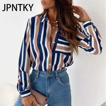 JPNTKY Женская мода повседневная весна осень полосатый принт длинный рукав воротник поло блузки и рубашки S