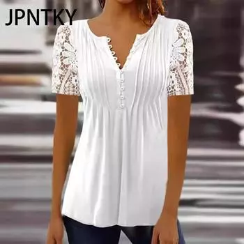 JPNTKY Женская мода Повседневные летние блузки и рубашки с коротким рукавом и V-образным вырезом S чёрный