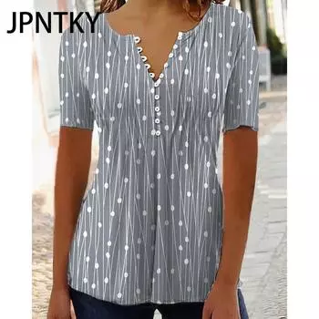 JPNTKY Женская мода Повседневные летние блузки и рубашки с коротким рукавом и V-образным вырезом S зелёный