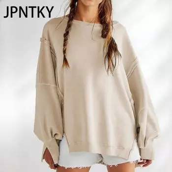 JPNTKY Женская мода повседневные однотонные принты с длинным рукавом и круглым вырезом толстовки и свитшоты S