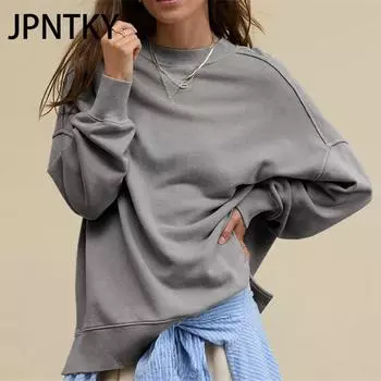 JPNTKY Женская мода повседневные однотонные принты с длинным рукавом и круглым вырезом толстовки и свитшоты S