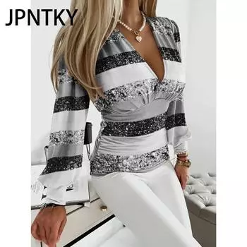 JPNTKY Женская мода повседневные осенне-зимние блузки и рубашки с длинным рукавом и V-образным вырезом S