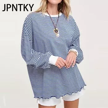JPNTKY Женская мода повседневные толстовки и свитшоты с длинным рукавом и круглым вырезом в полоску S