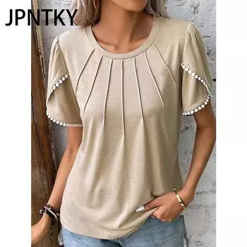 JPNTKY Женская мода Повседневный летний однотонный принт с коротким рукавом и V-образным вырезом Блузки и рубашки S хаки