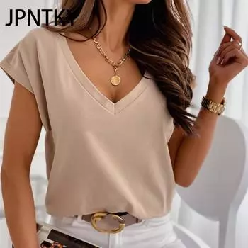 JPNTKY Женская мода Повседневный летний однотонный принт с коротким рукавом и V-образным вырезом Блузки и рубашки S красный