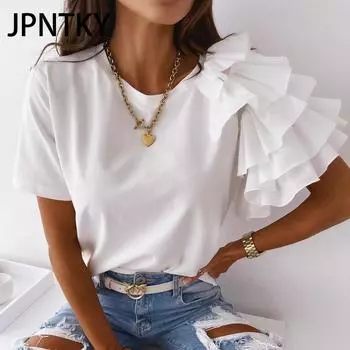 JPNTKY Женская мода Повседневный летний однотонный принт с коротким рукавом О-образным вырезом Блузки и рубашки S чёрный