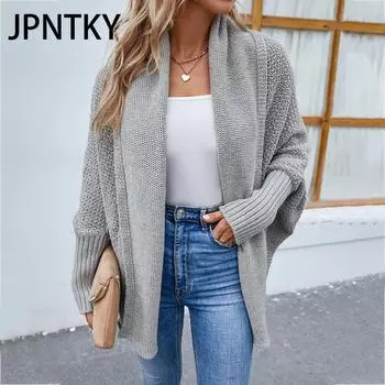 JPNTKY Женская мода Повседневный однотонный принт Осень Зима Длинный рукав Свободные свитера Кардиганы S серый