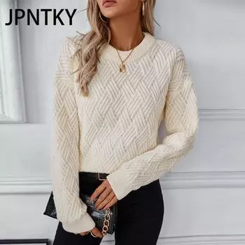 JPNTKY Женская мода повседневный однотонный принт осень зима длинный рукав О-образный вырез свободные свитера S бежевый