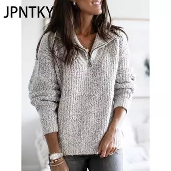 JPNTKY Женская мода Повседневный однотонный принт Осень Зима Длинный рукав Воротник-молния Свободные свитера S хаки