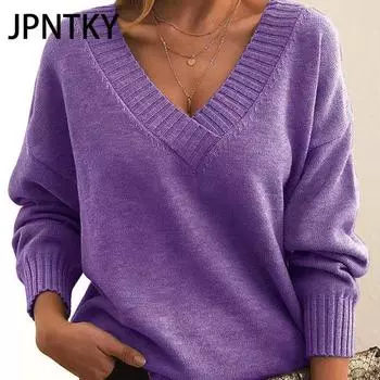 JPNTKY Женская мода повседневный однотонный принт осень зима длинный рукав V-образный вырез свободные свитера S темно-коричневого