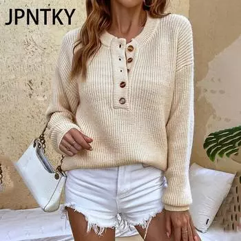 JPNTKY Женская мода повседневный однотонный принт осень зима длинный рукав О-образный вырез свободные свитера S абрикосовый