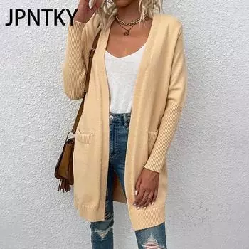 JPNTKY Женская мода Повседневный однотонный принт Осень Зима Длинный рукав Свободные свитера Кардиганы S серый