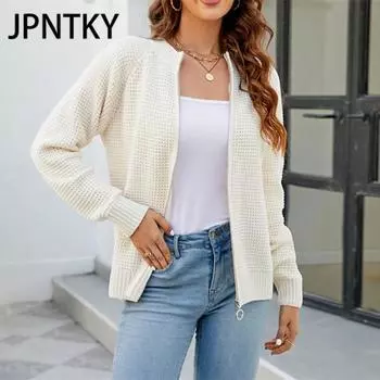 JPNTKY Женская мода Повседневный однотонный принт Осень Зима Длинный рукав Свободные свитера Кардиганы S против вспышки белого
