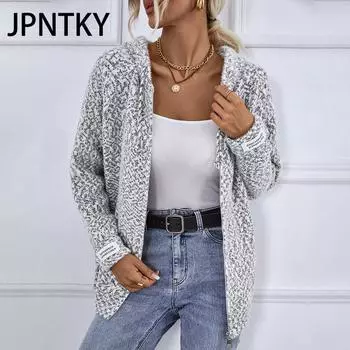 JPNTKY Женская мода Повседневный однотонный принт Осень Зима Длинный рукав Свободные свитера Кардиганы S серый