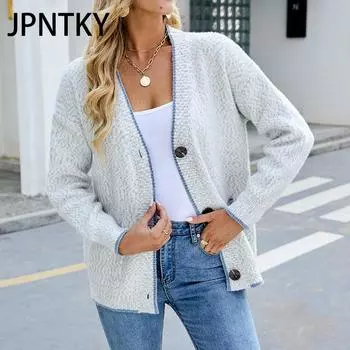 JPNTKY Женская мода Повседневный однотонный принт Осень Зима Длинный рукав Свободные свитера Кардиганы S светло-серый