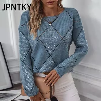 JPNTKY Женская мода повседневный однотонный принт осень зима длинный рукав О-образный вырез свободные свитера S синий