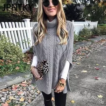 JPNTKY Женская мода повседневный однотонный принт осень зима длинный рукав высокий ворот свободные свитера S темно-коричневого