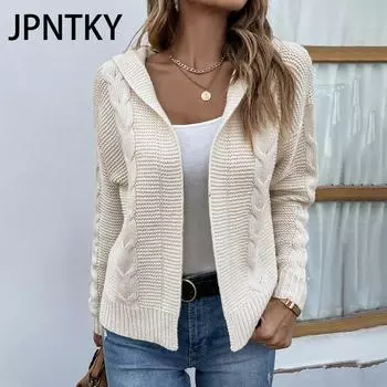 JPNTKY Женская мода Повседневный однотонный принт Осень Зима Длинный рукав Свободные свитера Кардиганы S бежевый