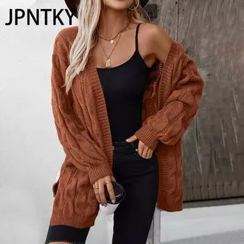 JPNTKY Женская мода повседневный однотонный принт осень зима длинный рукав V-образный вырез свободные свитера S хаки