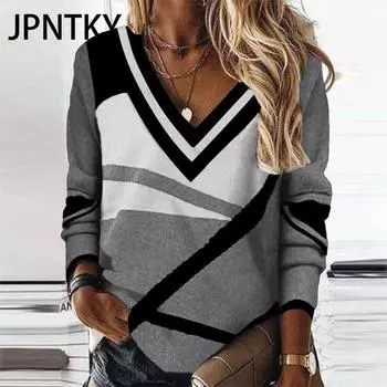 JPNTKY Женская мода Повседневный Осень Зима Длинный рукав V-образный вырез Свободные свитера S