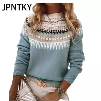 JPNTKY Женская мода Повседневный Осень Зима Длинный рукав О-образный вырез Свободные свитера S морской синий