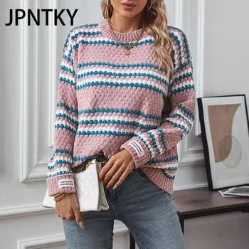JPNTKY Женская мода Повседневный Осень Зима Длинный рукав О-образный вырез Свободные свитера S розовый
