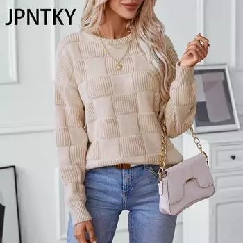 JPNTKY Женская мода Повседневный Осень Зима Длинный рукав О-образный вырез Свободные свитера S абрикосовый