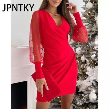 JPNTKY Женская мода весна-осень однотонные повседневные платья с длинным рукавом и V-образным вырезом S красный