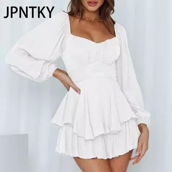 JPNTKY Женская мода весна осень однотонный принт длинный рукав U-образный вырез повседневные платья S