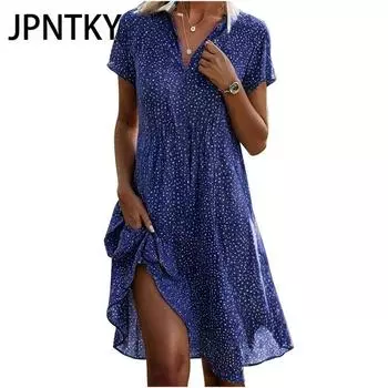 JPNTKY Женские модные летние весенние повседневные платья с короткими рукавами и воротником-поло с цветочным принтом S зелёный