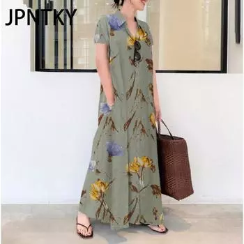 JPNTKY Женские модные летние весенние повседневные платья с короткими рукавами и воротником-поло с цветочным принтом S зелёный