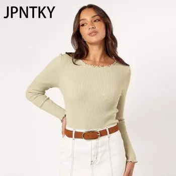 JPNTKY Женские модные однотонные принтованные футболки и топы с длинным рукавом и круглым вырезом S чёрный