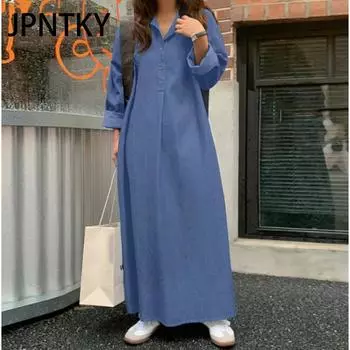 JPNTKY Женские модные осенне-зимние однотонные повседневные платья с длинными рукавами и воротником-поло с высокой талией и принтом S тёмно-синий