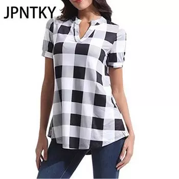 JPNTKY Женские модные повседневные летние блузки и рубашки в клетку с короткими рукавами и v-образным вырезом в клетку S белый