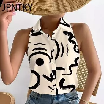 JPNTKY Женские модные повседневные летние блузки и рубашки без рукавов с воротником-поло S