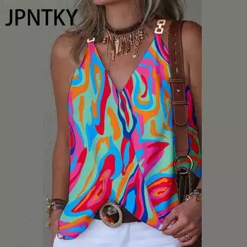 JPNTKY Женская мода Повседневные летние блузки и рубашки без рукавов с V-образным вырезом S белый