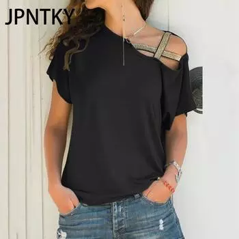 JPNTKY Женская мода Повседневный летний однотонный принт с коротким рукавом Блузки и рубашки S чёрный